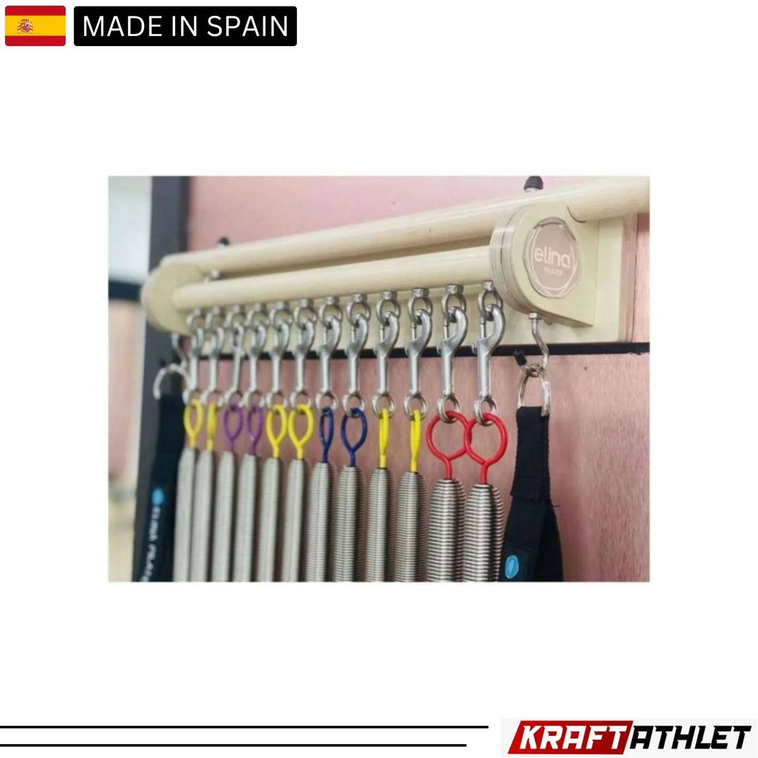 "Elina Pilates Spring Hanger – wooden wall-mounted organizer with capacity for 12 springs and additional hooks for accessories."

