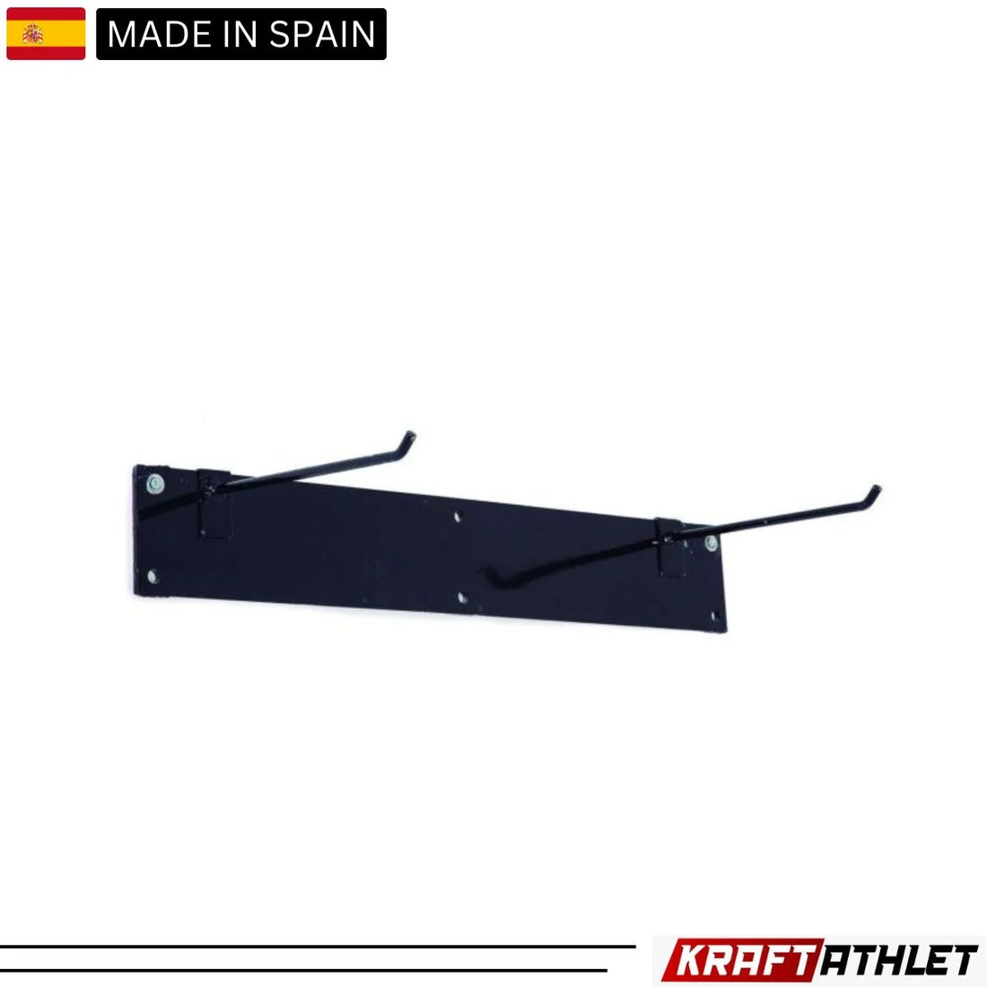 "Elina Pilates Adjustable Wall Mat Hanger – black steel wall-mounted rack with two adjustable arms for organizing exercise mats with eyelets."
