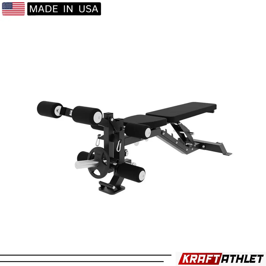 Force USA C10 Base Bench with leg curl, leg extension, and preacher curl attachments.​

