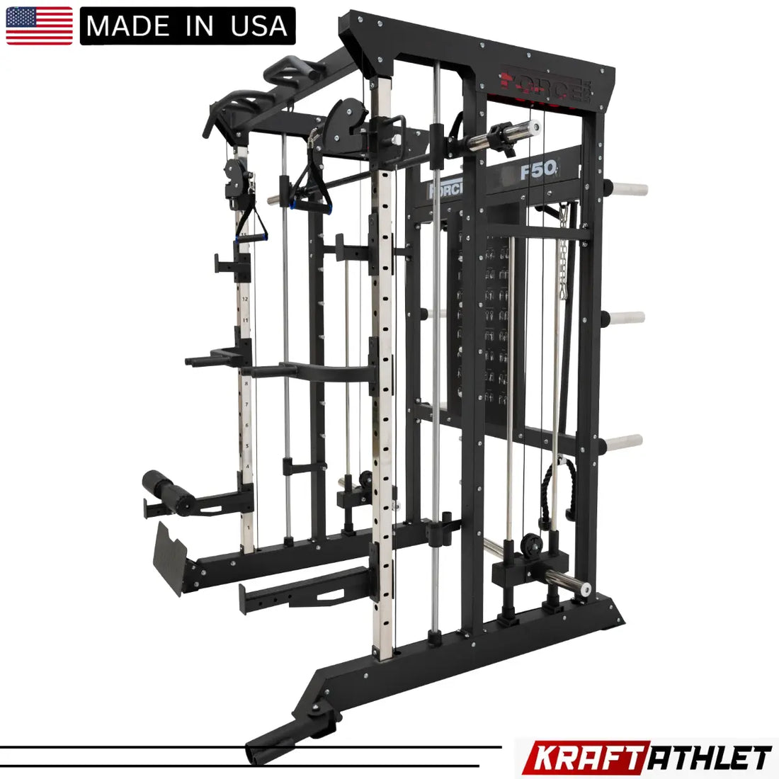 Force USA F50 V2 All-In-One Functional Trainer with multi-grip pull-up bar and integrated storage.