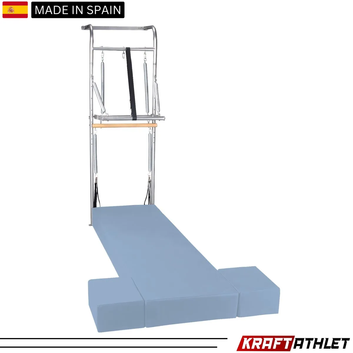 "Elina Pilates Wall Unit, a space-saving solution for professional and home Pilates training, enhancing flexibility and strength."

