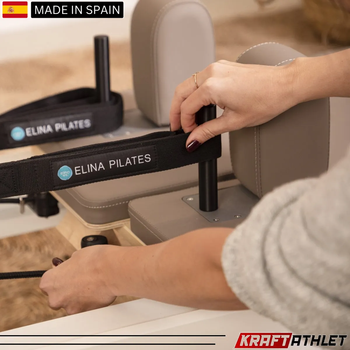 "Elina Pilates Nubium Reformer in grey – a high-performance reformer for home and studio workouts."

