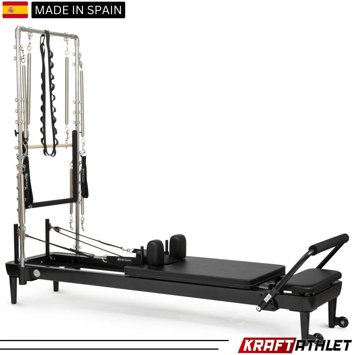 "Elina Pilates Nubium Reformer Black Edition with Tower – a sleek, professional-grade reformer for Pilates enthusiasts."

