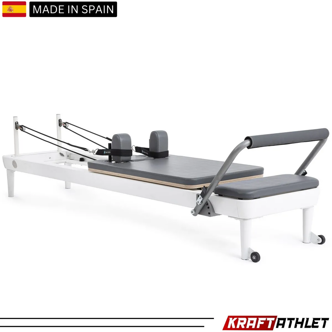"Elina Pilates Nubium Reformer in grey – a high-performance reformer for home and studio workouts."

