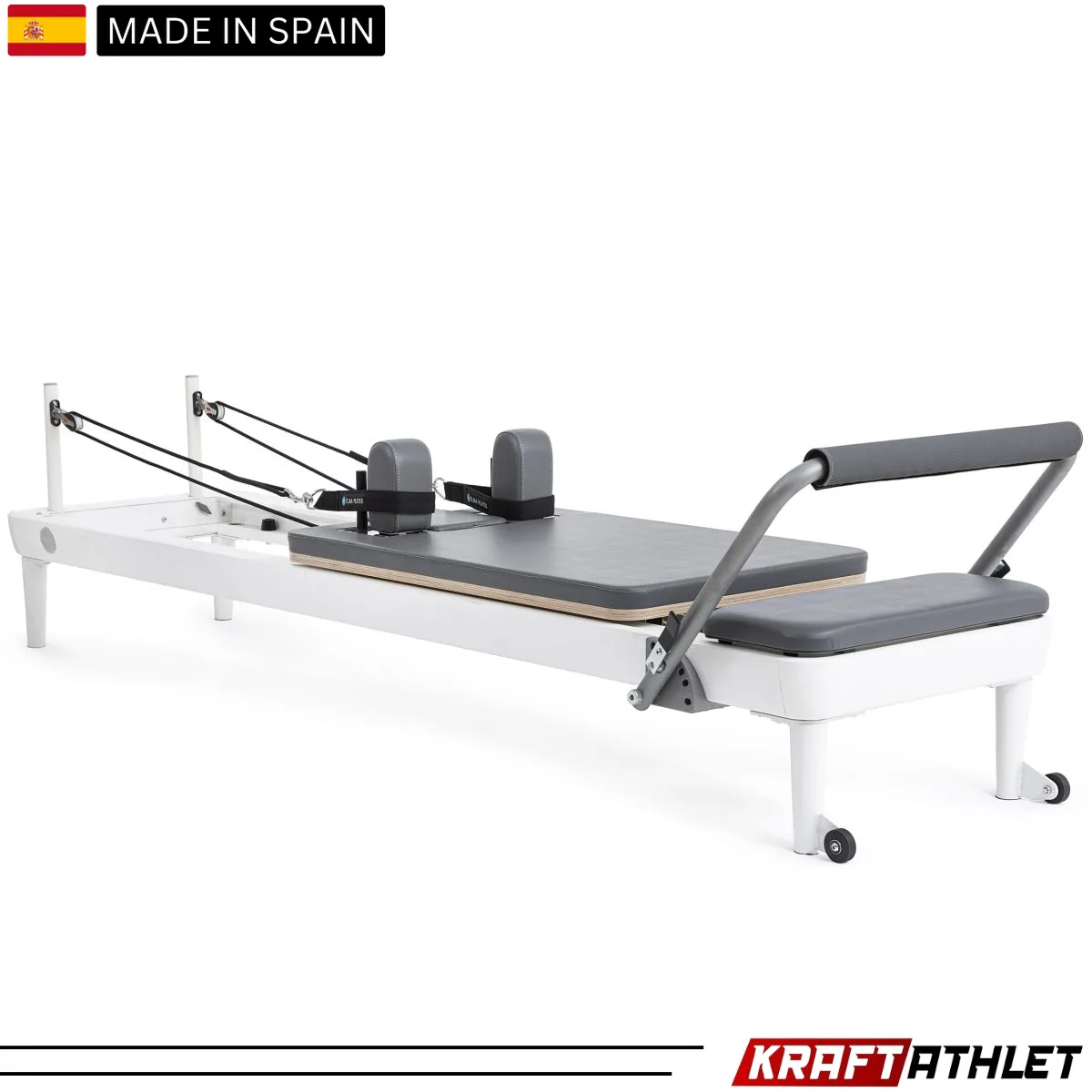 "Elina Pilates Nubium Reformer in grey – a high-performance reformer for home and studio workouts."

