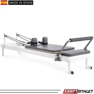 "Elina Pilates Nubium Reformer in grey – a high-performance reformer for home and studio workouts."

