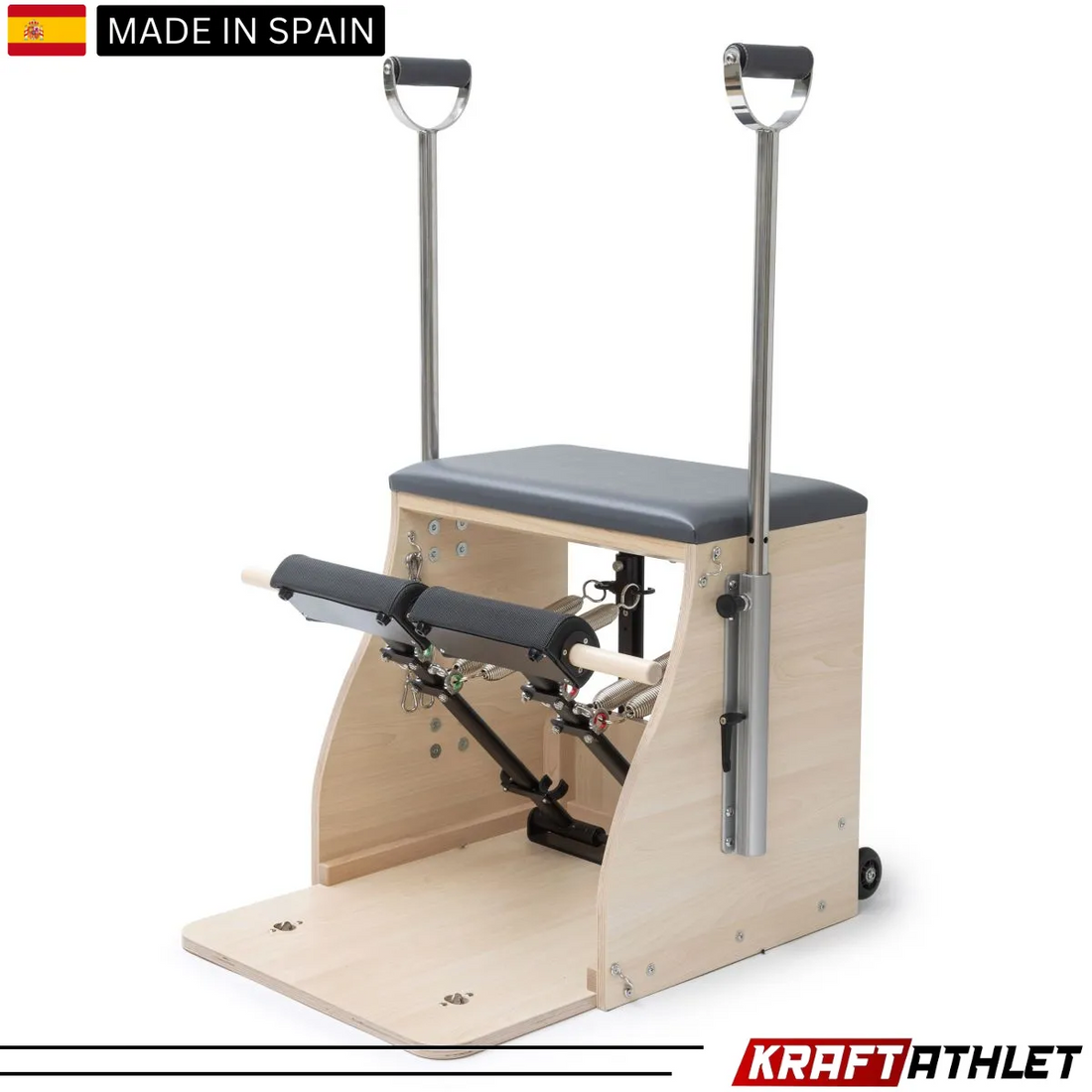 "Elina Pilates Combo Chair Elite with a sturdy wooden base and adjustable resistance, ideal for professional and home Pilates training."


