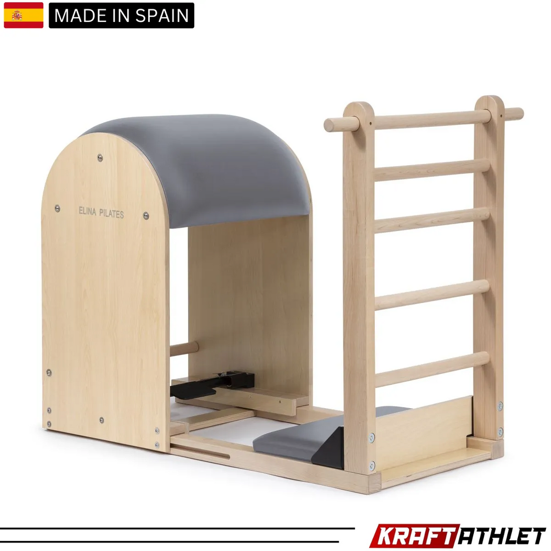 "Elina Pilates Ladder Barrel Elite with a wooden base, designed for core workouts and flexibility training."

