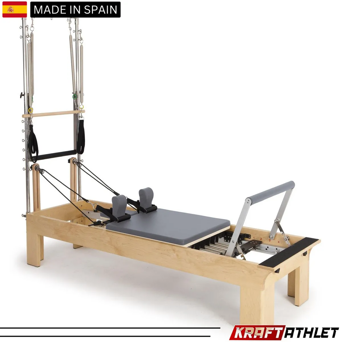 "Elina Pilates Physio Wood Reformer with Tower, featuring a smooth carriage and adjustable resistance for professional Pilates training."

