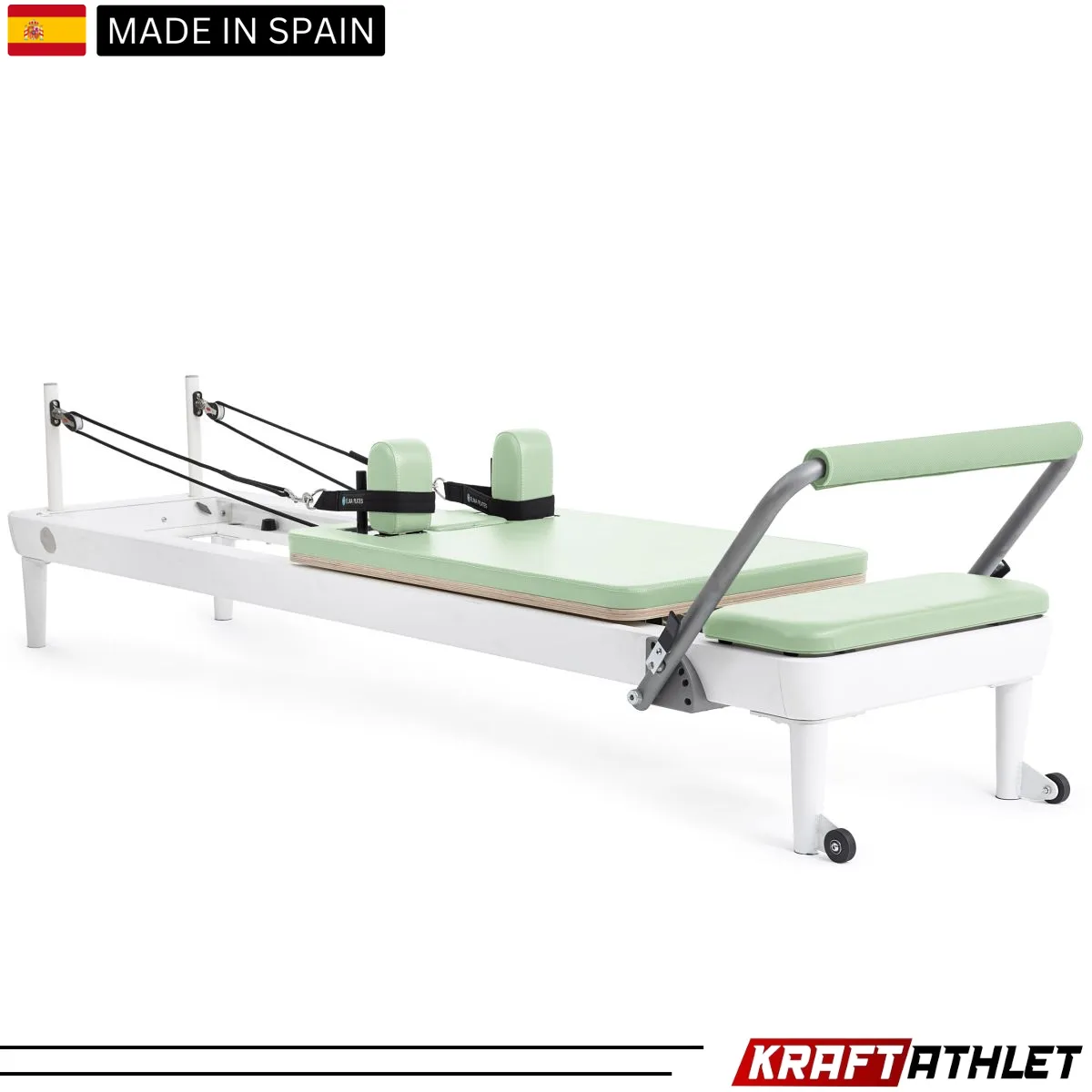 "Elina Pilates Nubium Reformer in grey – a high-performance reformer for home and studio workouts."

