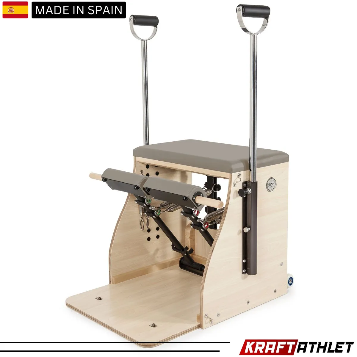 "Elina Pilates Combo Chair Elite with a sturdy wooden base and adjustable resistance, ideal for professional and home Pilates training."

