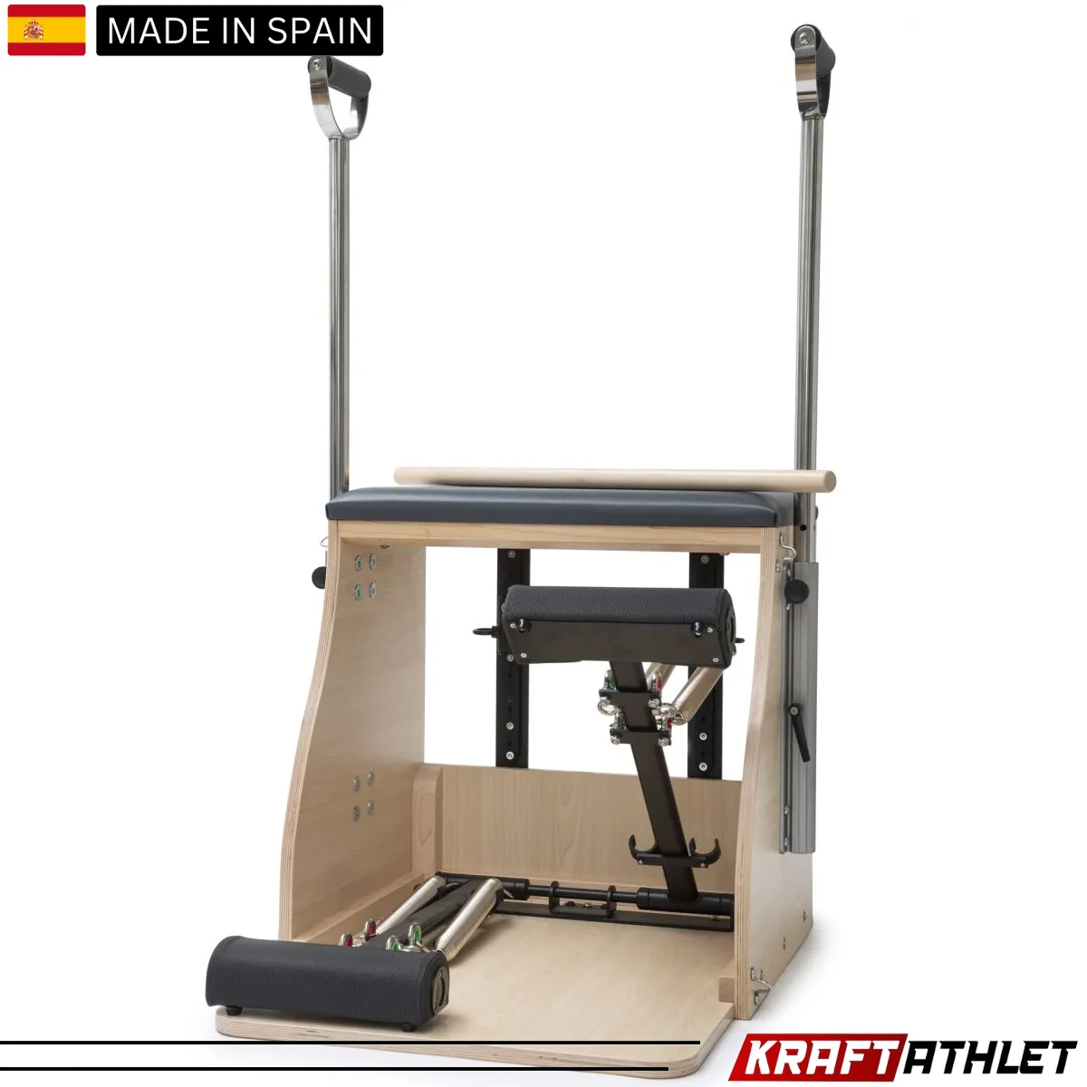 "Elina Pilates Wood Combo Chair, a professional-grade Pilates chair for core strength, flexibility, and stability training."

