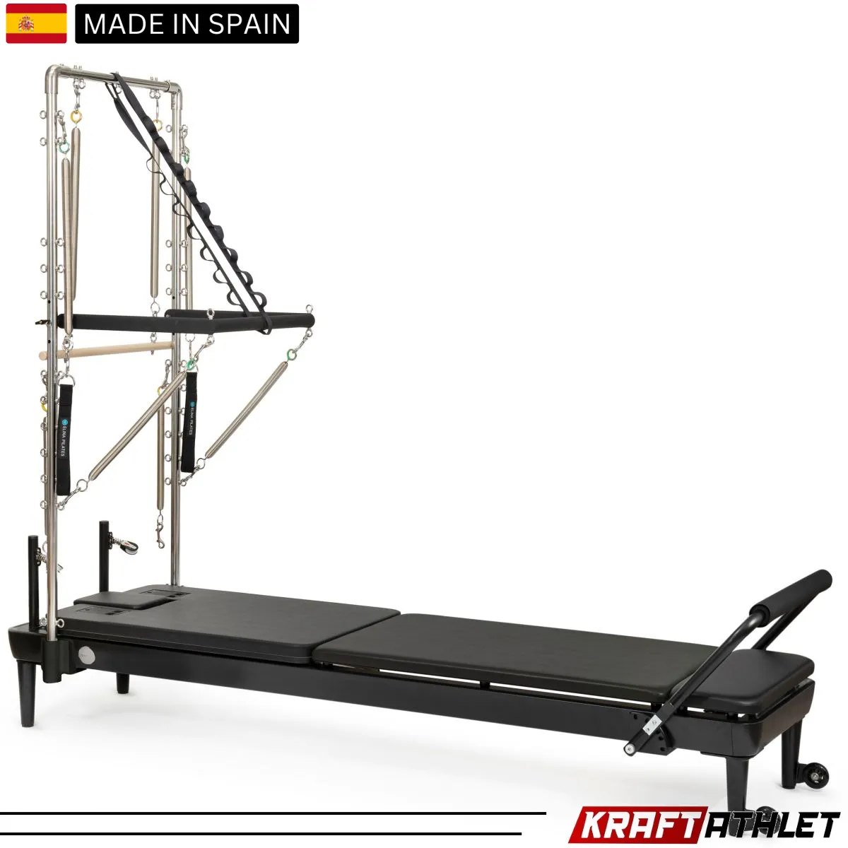 "Elina Pilates Nubium Reformer Black Edition with Tower – a sleek, professional-grade reformer for Pilates enthusiasts."

