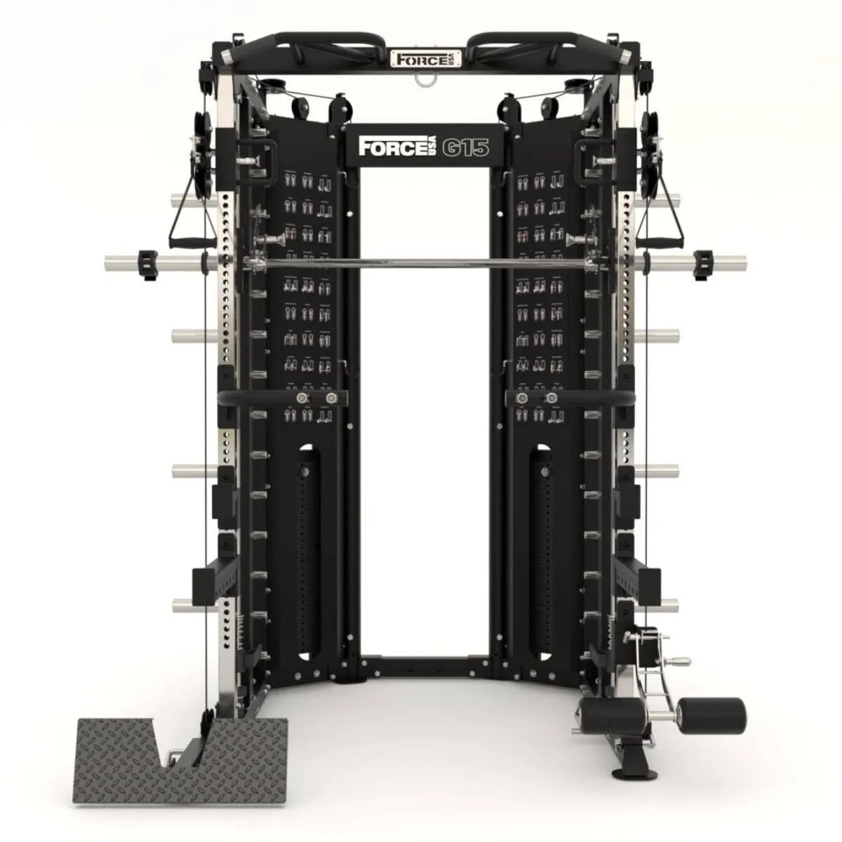 Force USA G15® All-In-One Trainer featuring Smith Machine, power rack, and dual adjustable pulleys.

