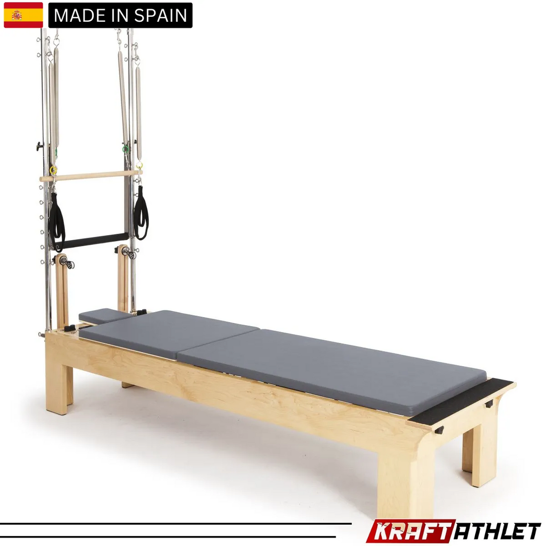 "Elina Pilates Physio Wood Reformer with Tower, featuring a smooth carriage and adjustable resistance for professional Pilates training."

