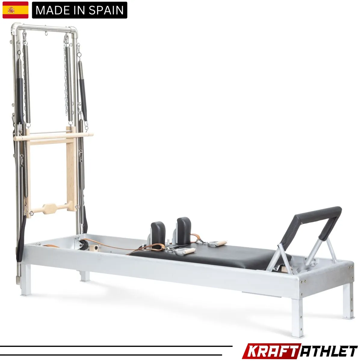 "Elina Pilates Classic Aluminium Reformer 86-inch with Tower in Grey Upholstery – Ideal for full-body workouts and professional studios."

