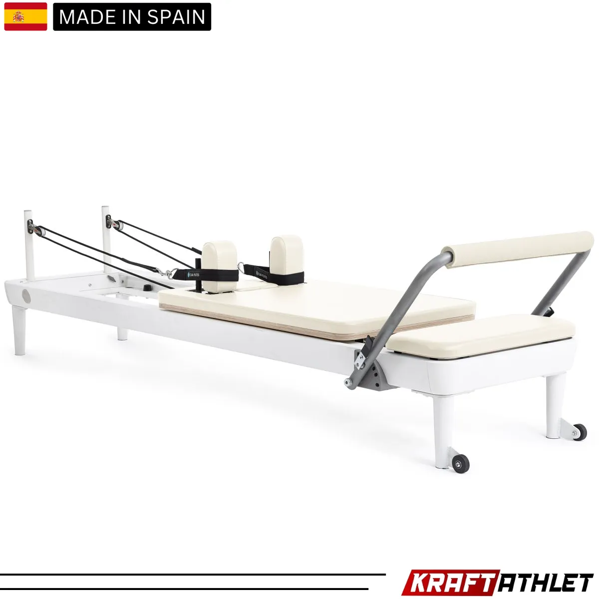 "Elina Pilates Nubium Reformer in grey – a high-performance reformer for home and studio workouts."

