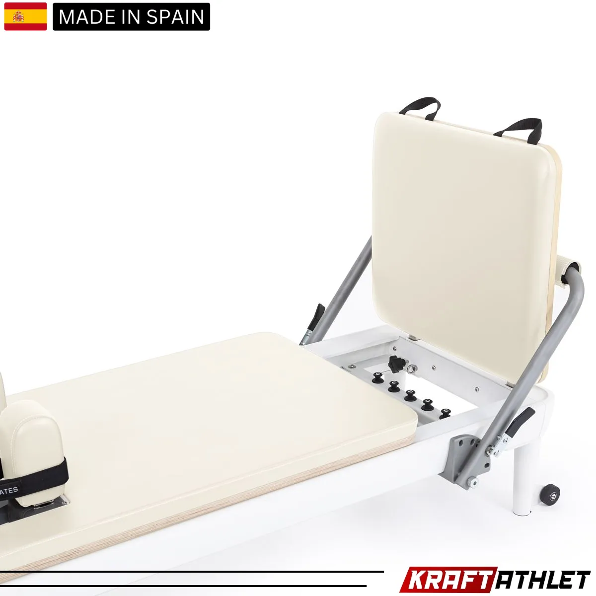 "Elina Pilates Nubium Reformer in grey – a high-performance reformer for home and studio workouts."

