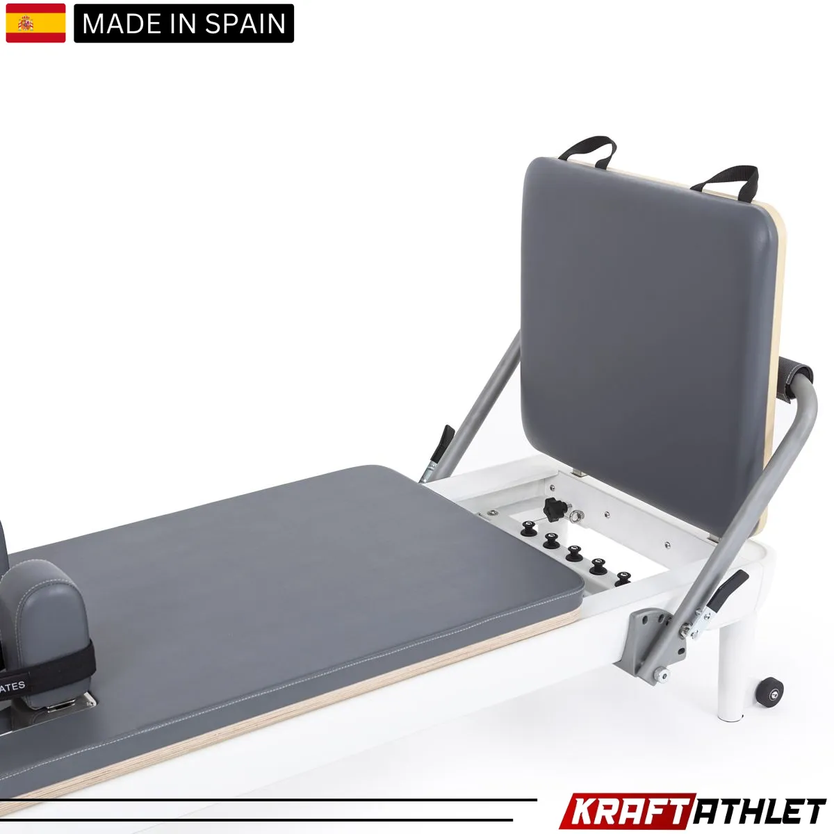 "Elina Pilates Nubium Reformer in grey – a high-performance reformer for home and studio workouts."

