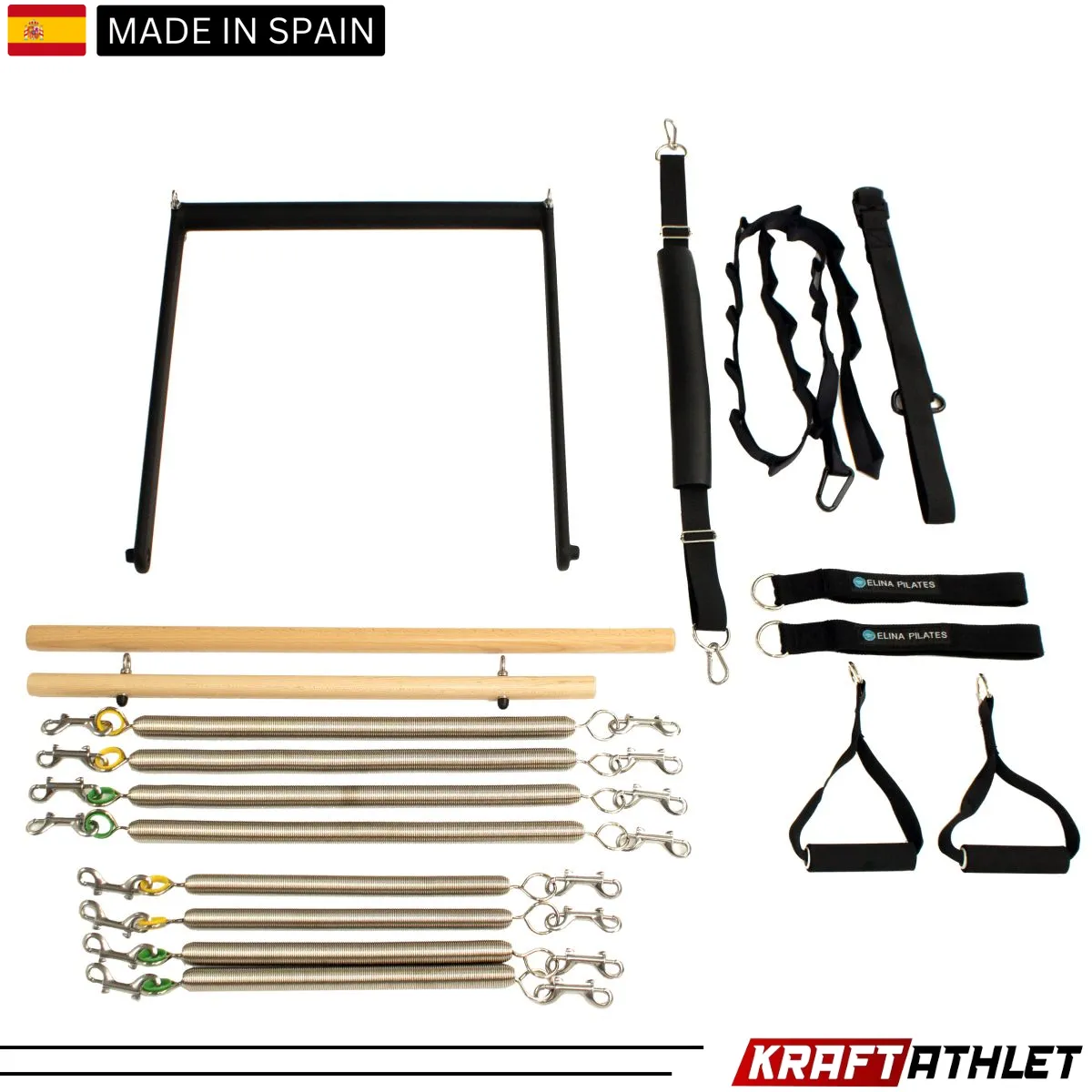 "Elina Pilates Wall Unit, a space-saving solution for professional and home Pilates training, enhancing flexibility and strength."

