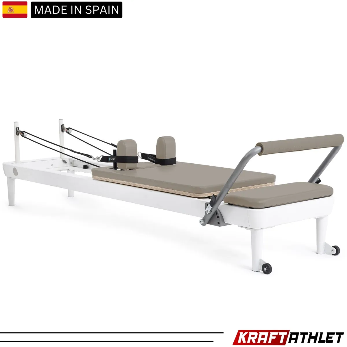 "Elina Pilates Nubium Reformer in grey – a high-performance reformer for home and studio workouts."

