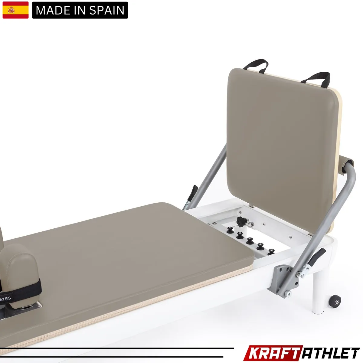 "Elina Pilates Nubium Reformer in grey – a high-performance reformer for home and studio workouts."

