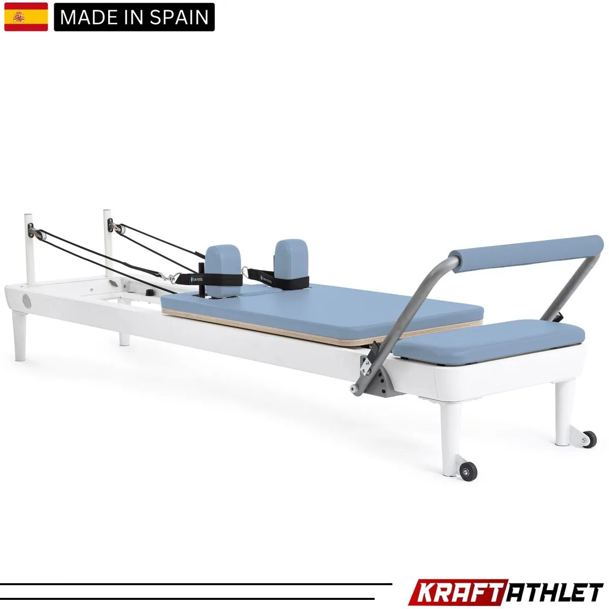 "Elina Pilates Nubium Reformer in grey – a high-performance reformer for home and studio workouts."

