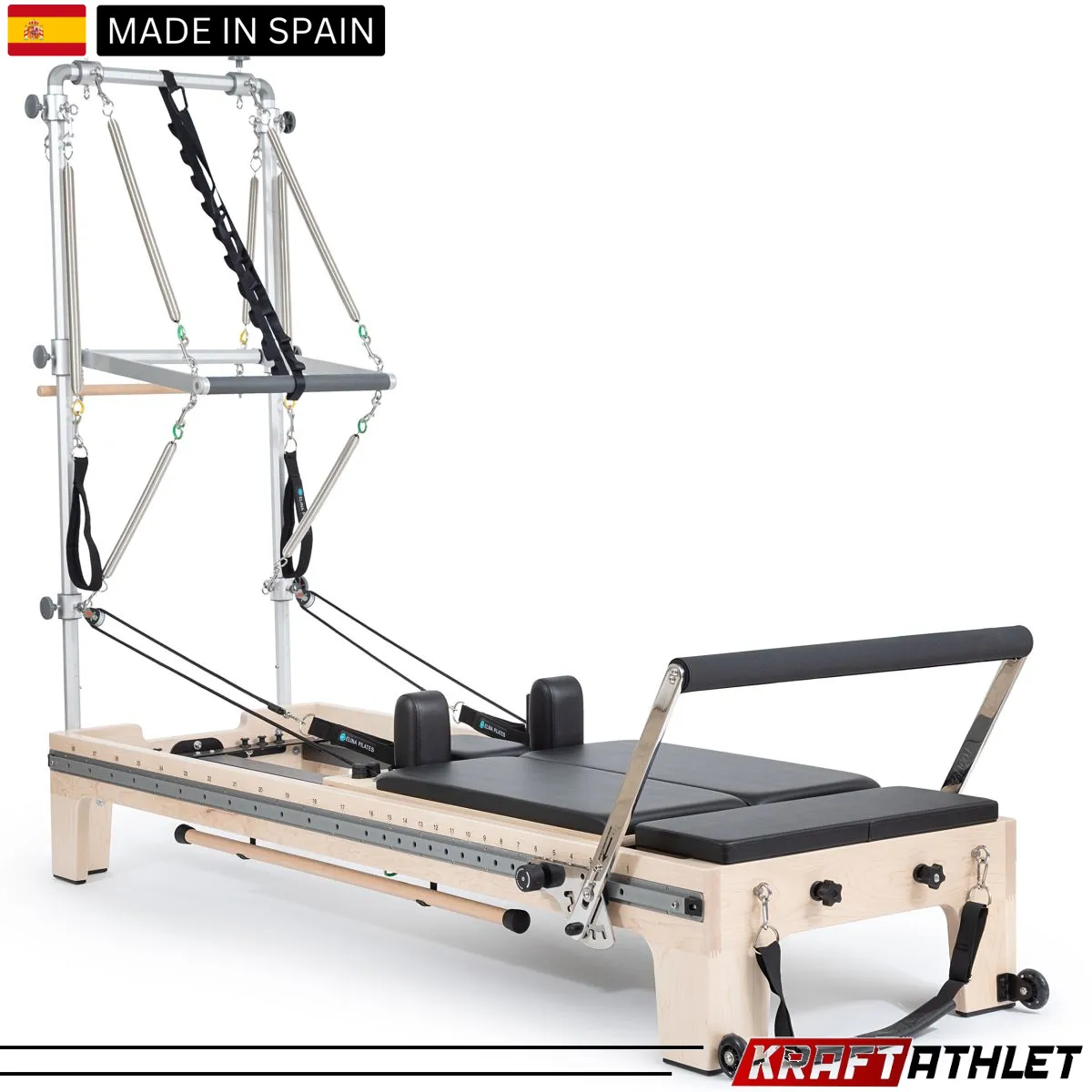 "Elina Pilates Twin Reformer in grey – a high-quality reformer designed for dual users in Pilates studios."

