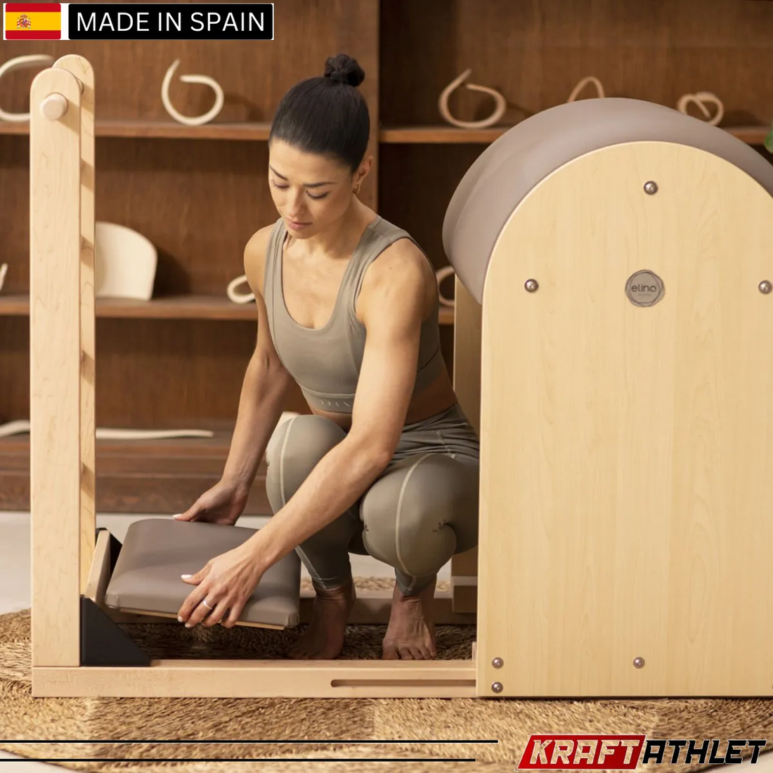 "Elina Pilates Ladder Barrel Elite with a wooden base, designed for core workouts and flexibility training."

