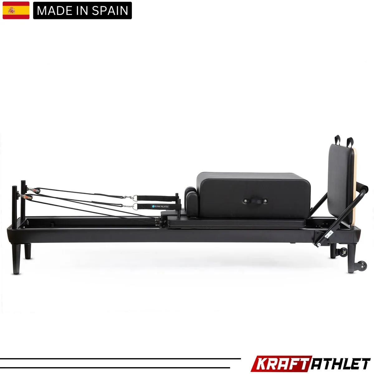 "Elina Pilates Nubium Reformer Black Edition with Tower – a sleek, professional-grade reformer for Pilates enthusiasts."

