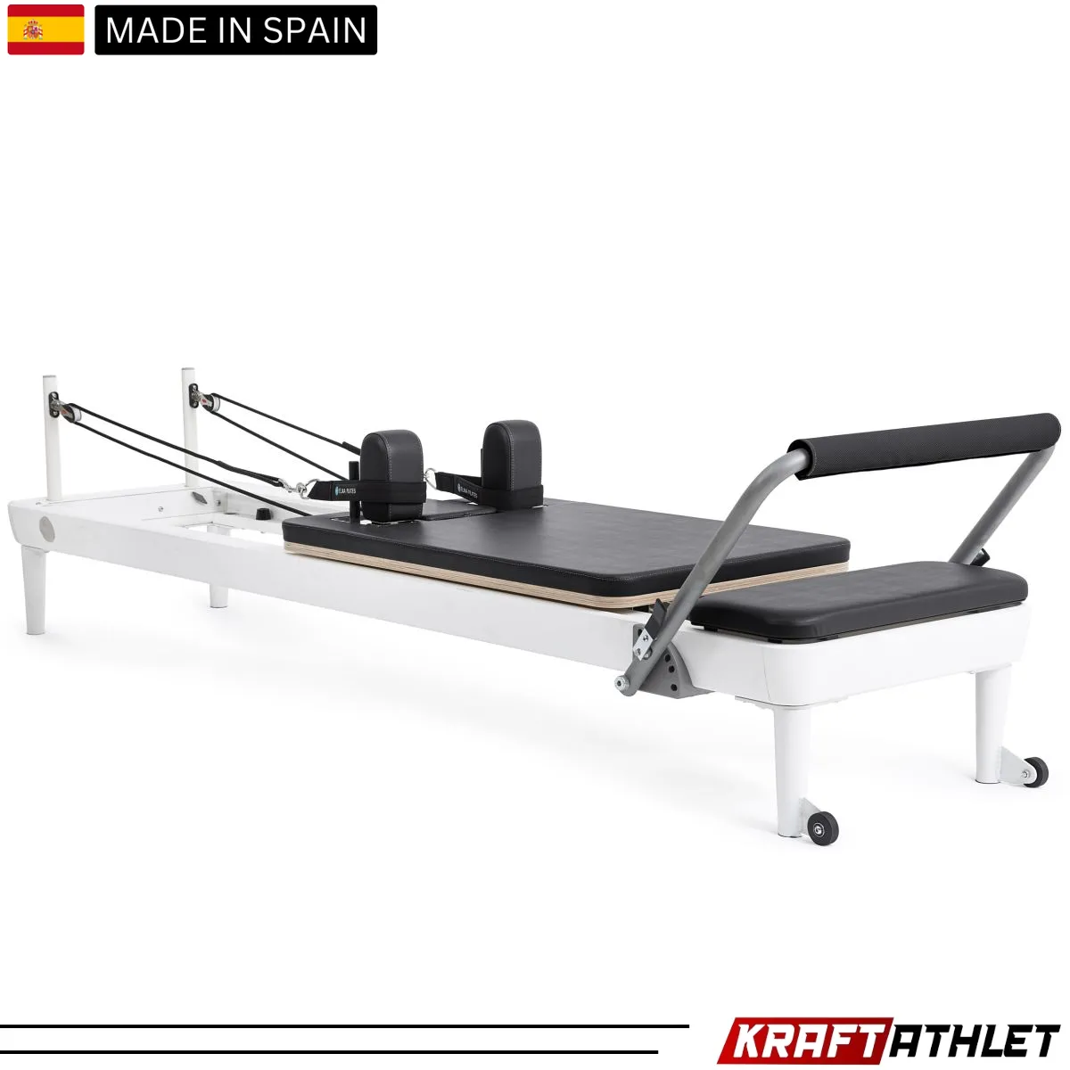 "Elina Pilates Nubium Reformer in grey – a high-performance reformer for home and studio workouts."

